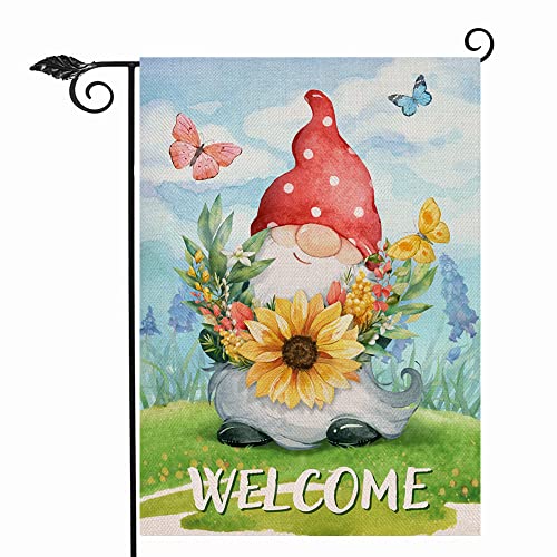 Hzppyz Welcome Spring Gnome Sunflower Wild Flower Garden Flag Double Sided, Red Polka Dots Hat Butterfly Floral Decorative House Yard Outdoor Small Decor, Summer Seasonal Home Outside Decoration 12x18