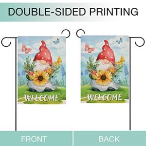 Hzppyz Welcome Spring Gnome Sunflower Wild Flower Garden Flag Double Sided, Red Polka Dots Hat Butterfly Floral Decorative House Yard Outdoor Small Decor, Summer Seasonal Home Outside Decoration 12x18