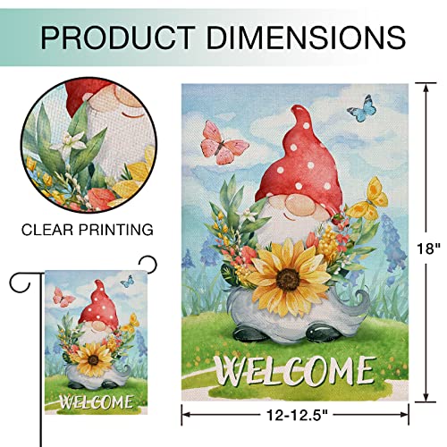 Hzppyz Welcome Spring Gnome Sunflower Wild Flower Garden Flag Double Sided, Red Polka Dots Hat Butterfly Floral Decorative House Yard Outdoor Small Decor, Summer Seasonal Home Outside Decoration 12x18