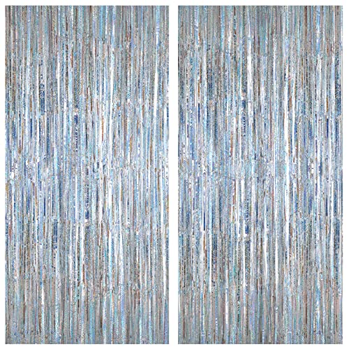 2 Pack 3.2ft x 8.2ft Silver Metallic Tinsel Foil Fringe Curtains, Door Streamer Photo Booth Backdrop for Birthday Graduation Engagement Bridal Shower Bachelorette Baby Shower Party Decorations