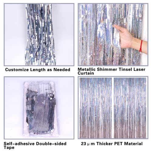 2 Pack 3.2ft x 8.2ft Silver Metallic Tinsel Foil Fringe Curtains, Door Streamer Photo Booth Backdrop for Birthday Graduation Engagement Bridal Shower Bachelorette Baby Shower Party Decorations