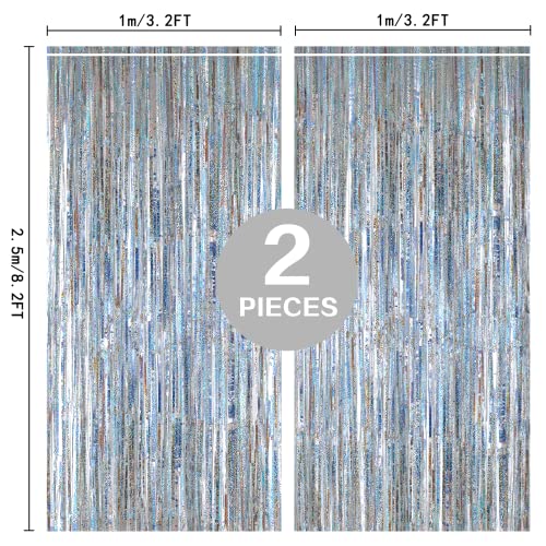 2 Pack 3.2ft x 8.2ft Silver Metallic Tinsel Foil Fringe Curtains, Door Streamer Photo Booth Backdrop for Birthday Graduation Engagement Bridal Shower Bachelorette Baby Shower Party Decorations
