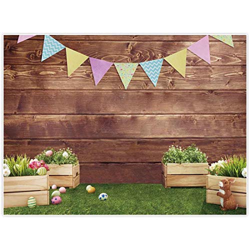 Allenjoy 8x6ft Fabric Spring Easter Backdrops for Girls Photography Wrinkle Free Happy Bunny Rabbit Green Grass Brown Wooden Wall Baby Shower Kids Newborn Portrait Background Photo Studio Shooting