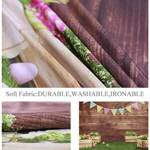 Allenjoy 8x6ft Fabric Spring Easter Backdrops for Girls Photography Wrinkle Free Happy Bunny Rabbit Green Grass Brown Wooden Wall Baby Shower Kids Newborn Portrait Background Photo Studio Shooting