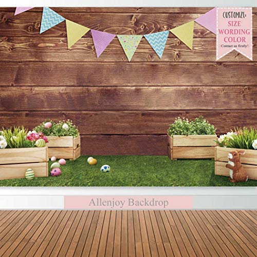 Allenjoy 8x6ft Fabric Spring Easter Backdrops for Girls Photography Wrinkle Free Happy Bunny Rabbit Green Grass Brown Wooden Wall Baby Shower Kids Newborn Portrait Background Photo Studio Shooting