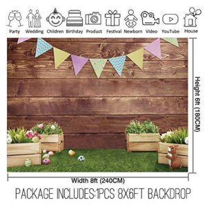 Allenjoy 8x6ft Fabric Spring Easter Backdrops for Girls Photography Wrinkle Free Happy Bunny Rabbit Green Grass Brown Wooden Wall Baby Shower Kids Newborn Portrait Background Photo Studio Shooting