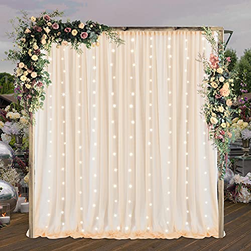 10x10ft Champagne Tulle Backdrop Curtain with String Light for Baby Shower Birthday Party Wedding Arch Living Room Wrinkle Free Sheer Window Curtains Wall Decoration Background