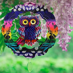 Wind Spinners Home Garden Decor, Patio Yard Backyard Outdoor Art Outside Decorations 3D Owl Metal Stainless Steel Decoration, 12＂Wind Spinner Gifts for Lawn Hanging Pinwheels Crafts Ornaments