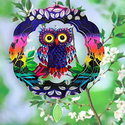 Wind Spinners Home Garden Decor, Patio Yard Backyard Outdoor Art Outside Decorations 3D Owl Metal Stainless Steel Decoration, 12＂Wind Spinner Gifts for Lawn Hanging Pinwheels Crafts Ornaments