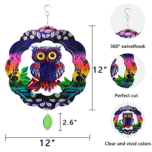 Wind Spinners Home Garden Decor, Patio Yard Backyard Outdoor Art Outside Decorations 3D Owl Metal Stainless Steel Decoration, 12＂Wind Spinner Gifts for Lawn Hanging Pinwheels Crafts Ornaments