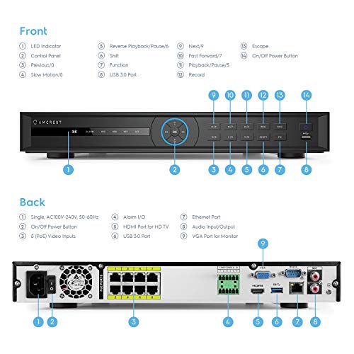 Amcrest 5Series 4K POE NVR 8CH 4K/6MP/5MP/4MP/3MP/1080P Network Video Recorder (8-Port PoE) - Supports up to 8 x 4K IP Cameras, Supports up to 2 x 10TB Hard Drives (Not Included)