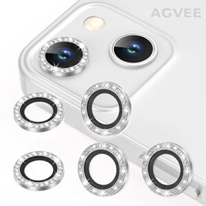 AGVEE 3+3 6 Pack for iPhone 13 6.1 inch / 13 Mini 5.4 inch Camera Lens Protector, Bling Diamond & Bling Glitter Metal Ring 9H Tempered HD Glass Camera Screen Protector Cover Film, Silver