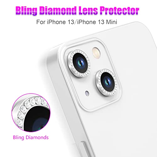 AGVEE 3+3 6 Pack for iPhone 13 6.1 inch / 13 Mini 5.4 inch Camera Lens Protector, Bling Diamond & Bling Glitter Metal Ring 9H Tempered HD Glass Camera Screen Protector Cover Film, Silver