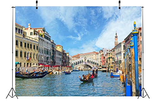 BELECO 7x5ft Fabric Venice Italy Backdrop Gondola Near to Famous Rialto Bridge in Venice Photography Backdrop for Italian Party Decorations Adult Game Birthday Photoshoot Photo Background Props