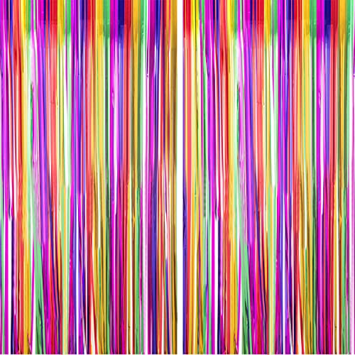 2 Pack Fiesta Party Decorations Rainbow Metallic Foil Fringe Curtain Backdrop Mexican Fiesta Party Streamer Colorful Backdrop Cinco De Mayo Taco Wedding Birthday Party Supplies,3.3 X6.5FT