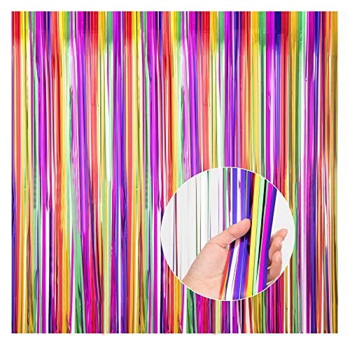 2 Pack Fiesta Party Decorations Rainbow Metallic Foil Fringe Curtain Backdrop Mexican Fiesta Party Streamer Colorful Backdrop Cinco De Mayo Taco Wedding Birthday Party Supplies,3.3 X6.5FT