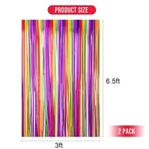 2 Pack Fiesta Party Decorations Rainbow Metallic Foil Fringe Curtain Backdrop Mexican Fiesta Party Streamer Colorful Backdrop Cinco De Mayo Taco Wedding Birthday Party Supplies,3.3 X6.5FT