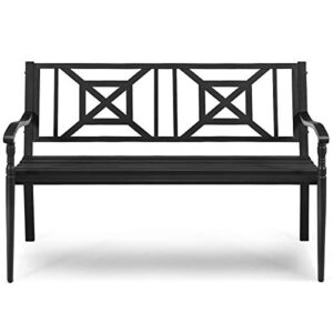 Safstar Outdoor Garden Bench, Metal Porch Bench Seat with Slated Seat & Decorative Backrest, 2-Person Loveseat for Patio Garden, Powder Coated Iron Frame, Patio Bench Front Door Bench for Outside