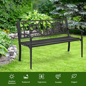 Safstar Outdoor Garden Bench, Metal Porch Bench Seat with Slated Seat & Decorative Backrest, 2-Person Loveseat for Patio Garden, Powder Coated Iron Frame, Patio Bench Front Door Bench for Outside