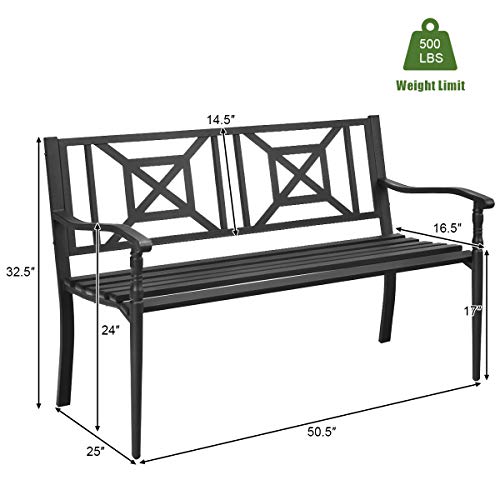 Safstar Outdoor Garden Bench, Metal Porch Bench Seat with Slated Seat & Decorative Backrest, 2-Person Loveseat for Patio Garden, Powder Coated Iron Frame, Patio Bench Front Door Bench for Outside