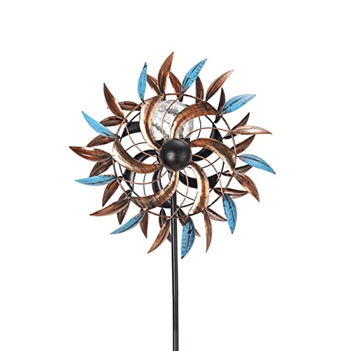 Solar Wind Spinners, Solar Wind Spinner with Metal Garden Stake, Solar Powered Glass Ball Garden Pinwheels, with Kinetic Wind Spinner Dual Direction for Yard and Garden