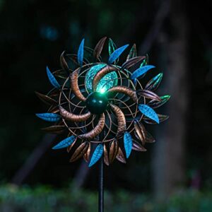 Solar Wind Spinners, Solar Wind Spinner with Metal Garden Stake, Solar Powered Glass Ball Garden Pinwheels, with Kinetic Wind Spinner Dual Direction for Yard and Garden