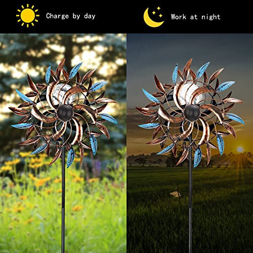 Solar Wind Spinners, Solar Wind Spinner with Metal Garden Stake, Solar Powered Glass Ball Garden Pinwheels, with Kinetic Wind Spinner Dual Direction for Yard and Garden