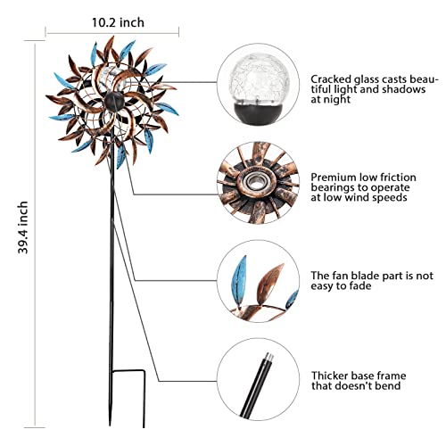 Solar Wind Spinners, Solar Wind Spinner with Metal Garden Stake, Solar Powered Glass Ball Garden Pinwheels, with Kinetic Wind Spinner Dual Direction for Yard and Garden