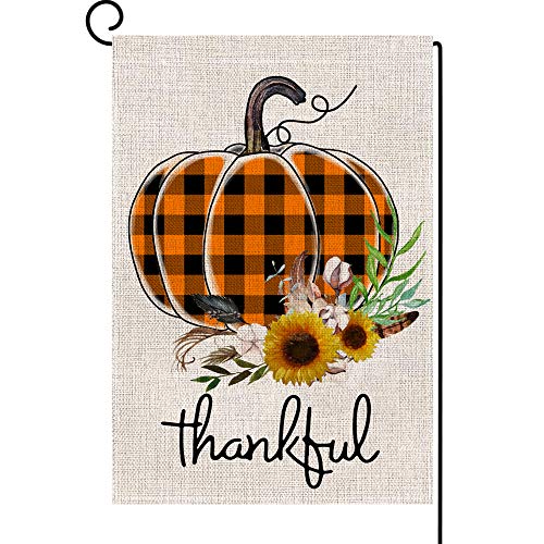 Thankful Pumpkin Garden Flag Vertical Double Sided Buffalo Plaid Burlap Fall Thanksgiving Rustic Farmhouse Yard Outdoor Decoration 12.5 x 18 Inch