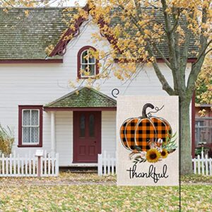 Thankful Pumpkin Garden Flag Vertical Double Sided Buffalo Plaid Burlap Fall Thanksgiving Rustic Farmhouse Yard Outdoor Decoration 12.5 x 18 Inch