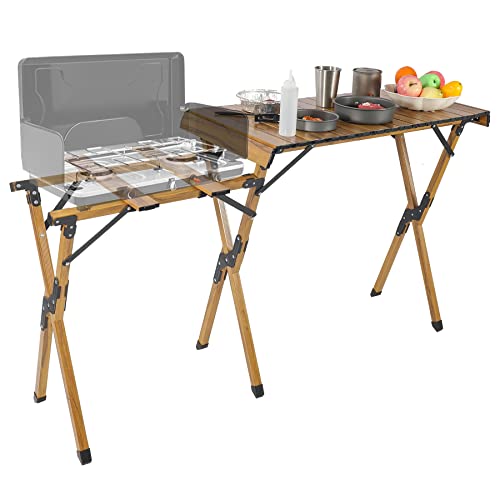 REDCAMP Aluminum Camping Kitchen Table, Portable Roll Up Picnic Table for Outdoor BBQ Garden Patio, Wood Color