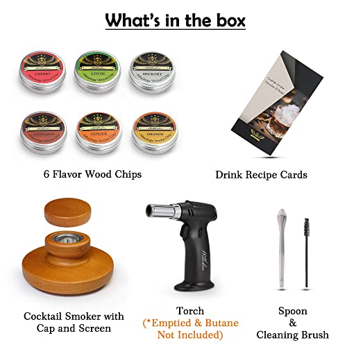 Cocktail Smoker Kit with Torch for Whiskey & Bourbon, Old Fashioned Smoker Set 6 Flavor of Wood Chips Orange/Cinnamon/Ginger/Cherry/Litchi/Hickory Anniversary Birthday Gifts for Men