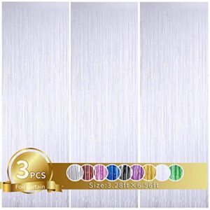 3pcs white metallic tinsel foil fringe curtains,3.28ft x 6.56ft white photo booth backdrop streamer,photo booth props,for party door wall curtains bachelorette birthday, christmas,new year decorations