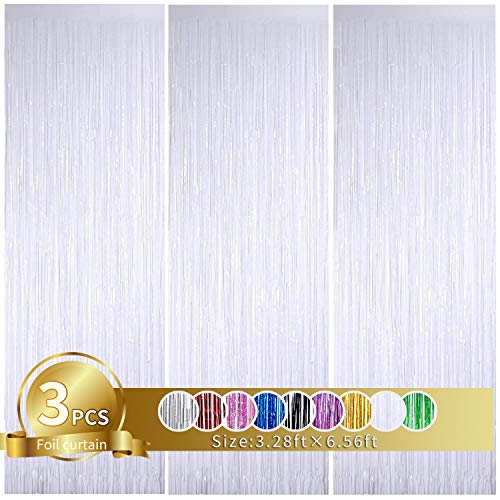 3Pcs White Metallic Tinsel Foil Fringe Curtains,3.28ft x 6.56ft White Photo Booth Backdrop Streamer,Photo Booth Props,for Party Door Wall Curtains Bachelorette Birthday, Christmas,New Year Decorations