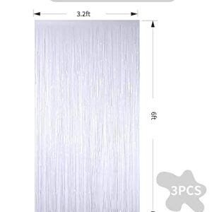 3Pcs White Metallic Tinsel Foil Fringe Curtains,3.28ft x 6.56ft White Photo Booth Backdrop Streamer,Photo Booth Props,for Party Door Wall Curtains Bachelorette Birthday, Christmas,New Year Decorations