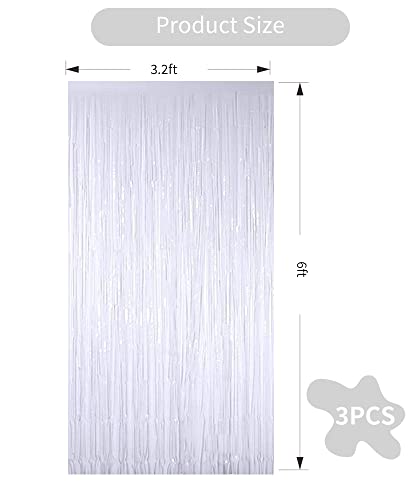 3Pcs White Metallic Tinsel Foil Fringe Curtains,3.28ft x 6.56ft White Photo Booth Backdrop Streamer,Photo Booth Props,for Party Door Wall Curtains Bachelorette Birthday, Christmas,New Year Decorations