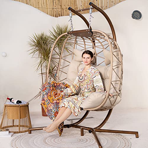 BULEXYARD Double Swing Egg Chair with Stand for Bedroom, Outdoor 2 Person Large Wicker Hanging Chair Oversized Twins Patio Loveseat