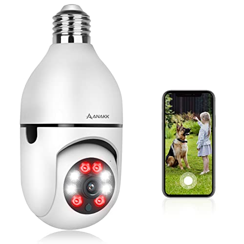 Anakk 360 Light Bulb Security Camera, 2K 3MP Wireless 2.4GHz WiFi Home Surveillance Cameras, Two-Way Audio, Baby and Pet Monitor Indoor/Outdoor, Light Socket Security Camera, Compatible with Alexa