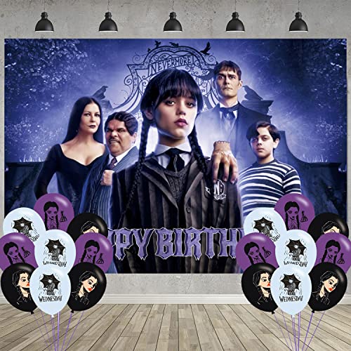 Wednesday Addams Birthday Party Decoration,Wednesday Addams Party Photo Background 5 x 3 FT and 18 Pcs Wednesday Balloon,Wednesday Merch Party Backdrop Supplies