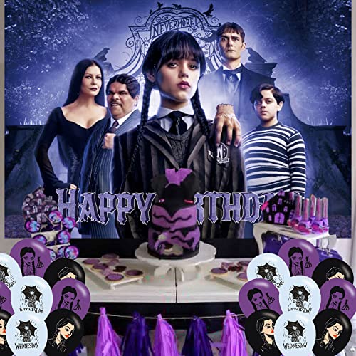 Wednesday Addams Birthday Party Decoration,Wednesday Addams Party Photo Background 5 x 3 FT and 18 Pcs Wednesday Balloon,Wednesday Merch Party Backdrop Supplies