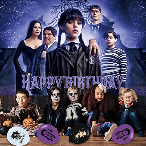 Wednesday Addams Birthday Party Decoration,Wednesday Addams Party Photo Background 5 x 3 FT and 18 Pcs Wednesday Balloon,Wednesday Merch Party Backdrop Supplies