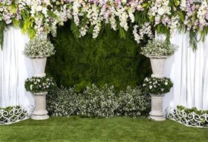 laeacco arch wedding flowers backdrop 10x8ft vinyl photography background stone planter flowers white curtain green ivy wall decoration outdoos ceremony green grassfield backdrop