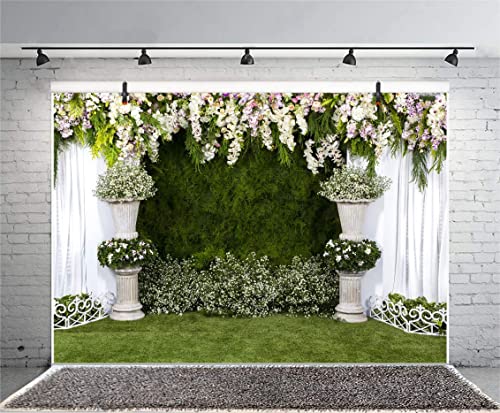 Laeacco Arch Wedding Flowers Backdrop 10x8ft Vinyl Photography Background Stone Planter Flowers White Curtain Green Ivy Wall Decoration Outdoos Ceremony Green Grassfield Backdrop