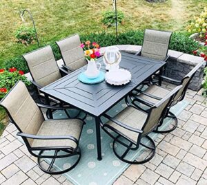 phi villa 7 piece patio dining set, outdoor table and chairs furniture dining set with 6 outdoor swivel dining chairs and 1 large metal table, patio set for lawn garden deck, padded textilene