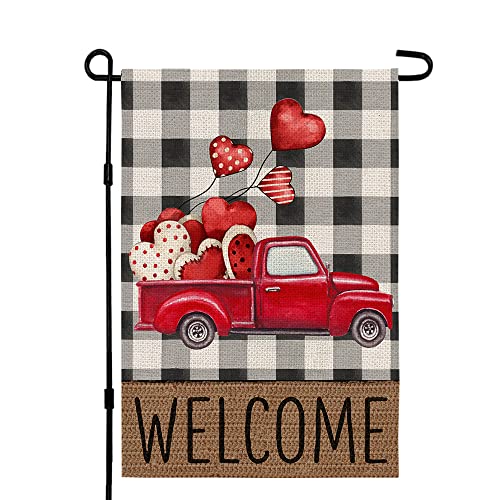 CROWNED BEAUTY Happy Valentines Day Garden Flag 12×18 Inch Double Sided for Outside Red Truck Heart Buffalo Check Welcome Vertical Farmhouse Rustic Seasonal Holiday Yard Decoration CF344