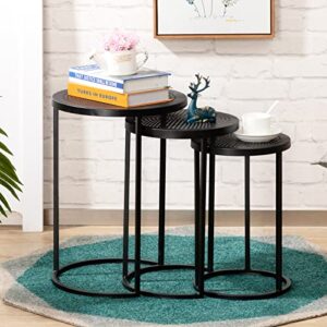 alimorden set of 3 round metal nesting table, 3-pack indoor&outdoor coffee snack side table, accent nightstand for bedroom, sofa side table for living room, garden, patio, (d) 14″ x(h) 19.69″, black