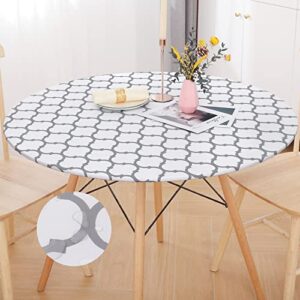 smiry round tablecloth, waterproof elastic fitted table covers for 36″ – 44″ tables, wipeable flannel backed vinyl tablecloths for picnic, camping, dining, indoor and outdoor, white morocco