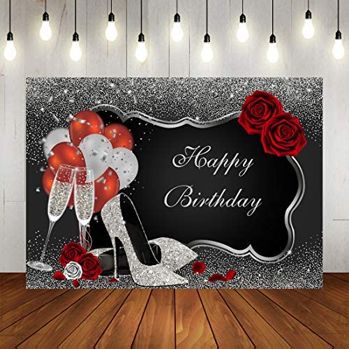 Sliver and Black Happy Birthday Backdrop Glitter Sequin High Heels Champagne Glasses Red Rose Balloons Adults Women Party Photography Background Old Age Party Decorations Supplies Banner