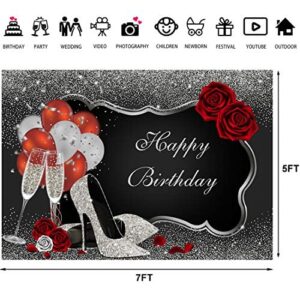 Sliver and Black Happy Birthday Backdrop Glitter Sequin High Heels Champagne Glasses Red Rose Balloons Adults Women Party Photography Background Old Age Party Decorations Supplies Banner