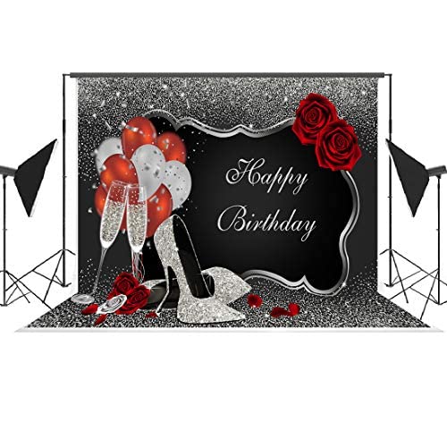 Sliver and Black Happy Birthday Backdrop Glitter Sequin High Heels Champagne Glasses Red Rose Balloons Adults Women Party Photography Background Old Age Party Decorations Supplies Banner